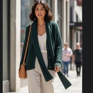 Italian chunky knit wool blend built in scarf forest green cardigan Italy M